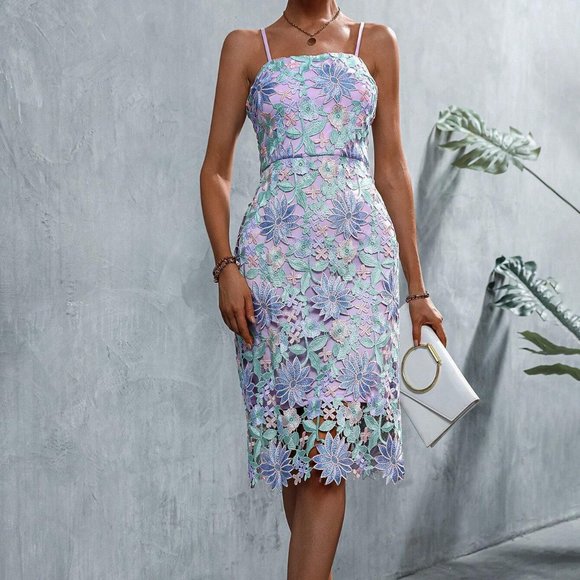 . Dresses & Skirts - Multicolor Boho Womens Floral Print Guipure Lace Overlay Cami Dress